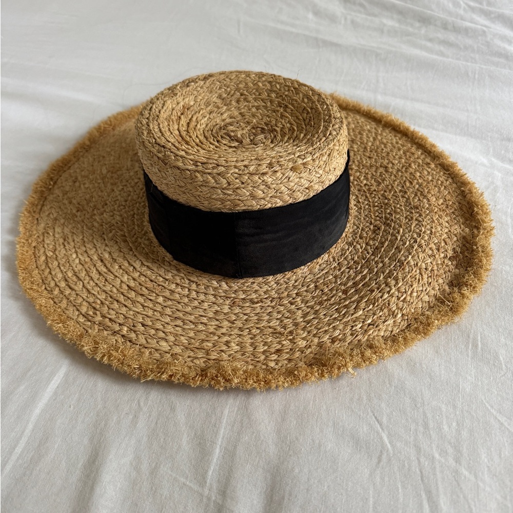 Zara Straw Boater Hat with Black Band - Natural